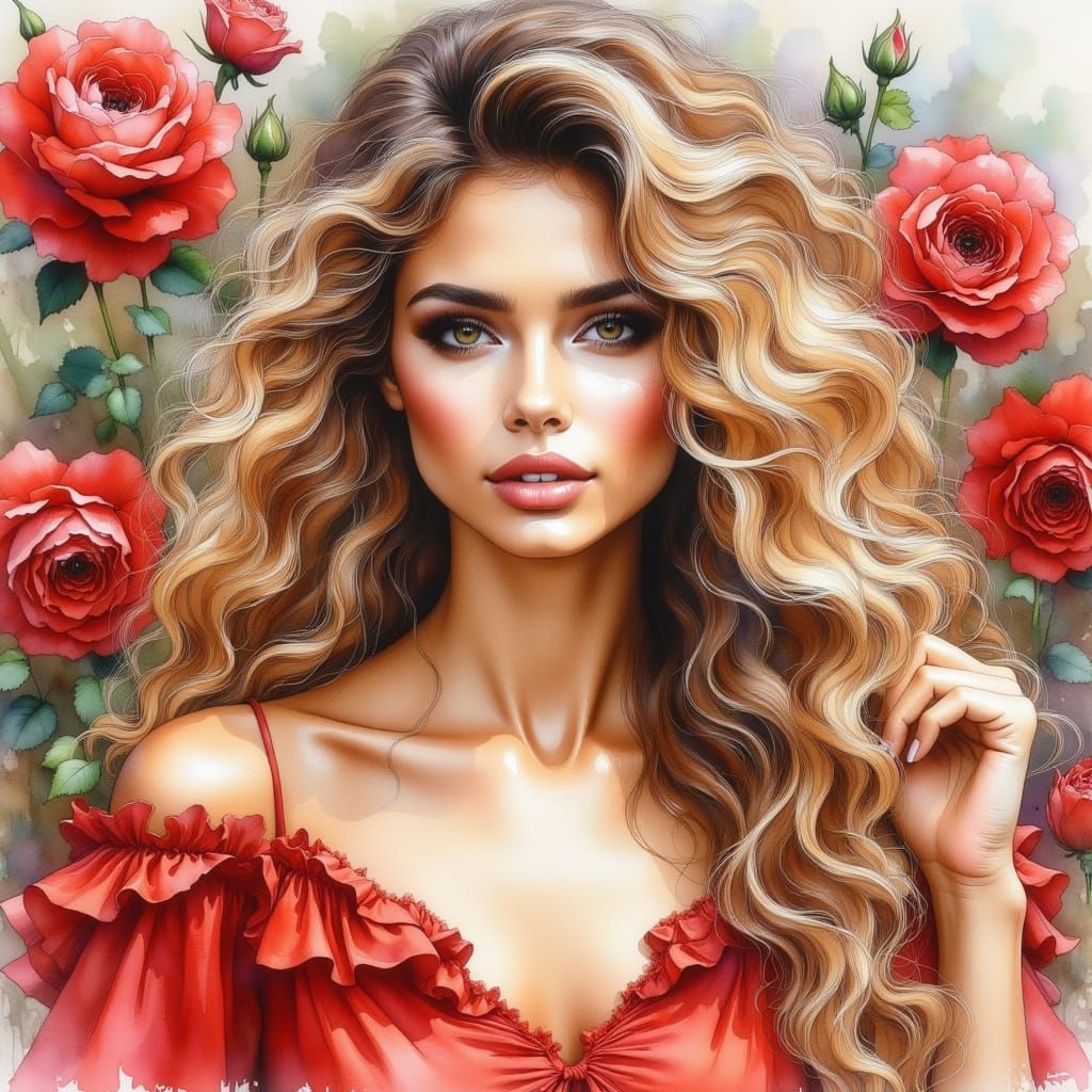 Young Woman in Red Dress with Roses, Watercolor Painting