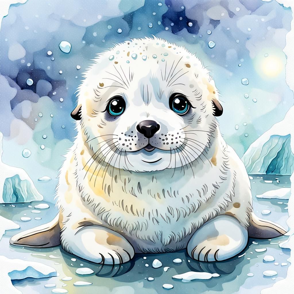 Adorable Harp Seal Pup Illustration in Watercolor Style