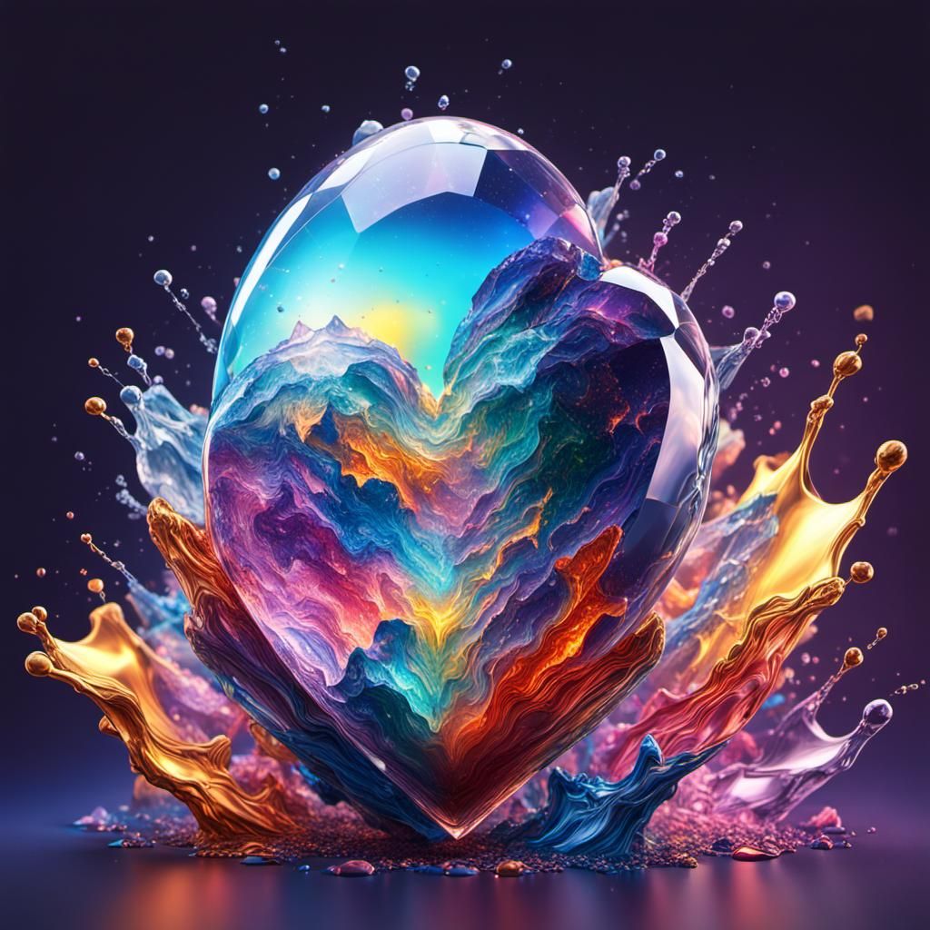 Cosmic Heart Crystal in Splash Art Style