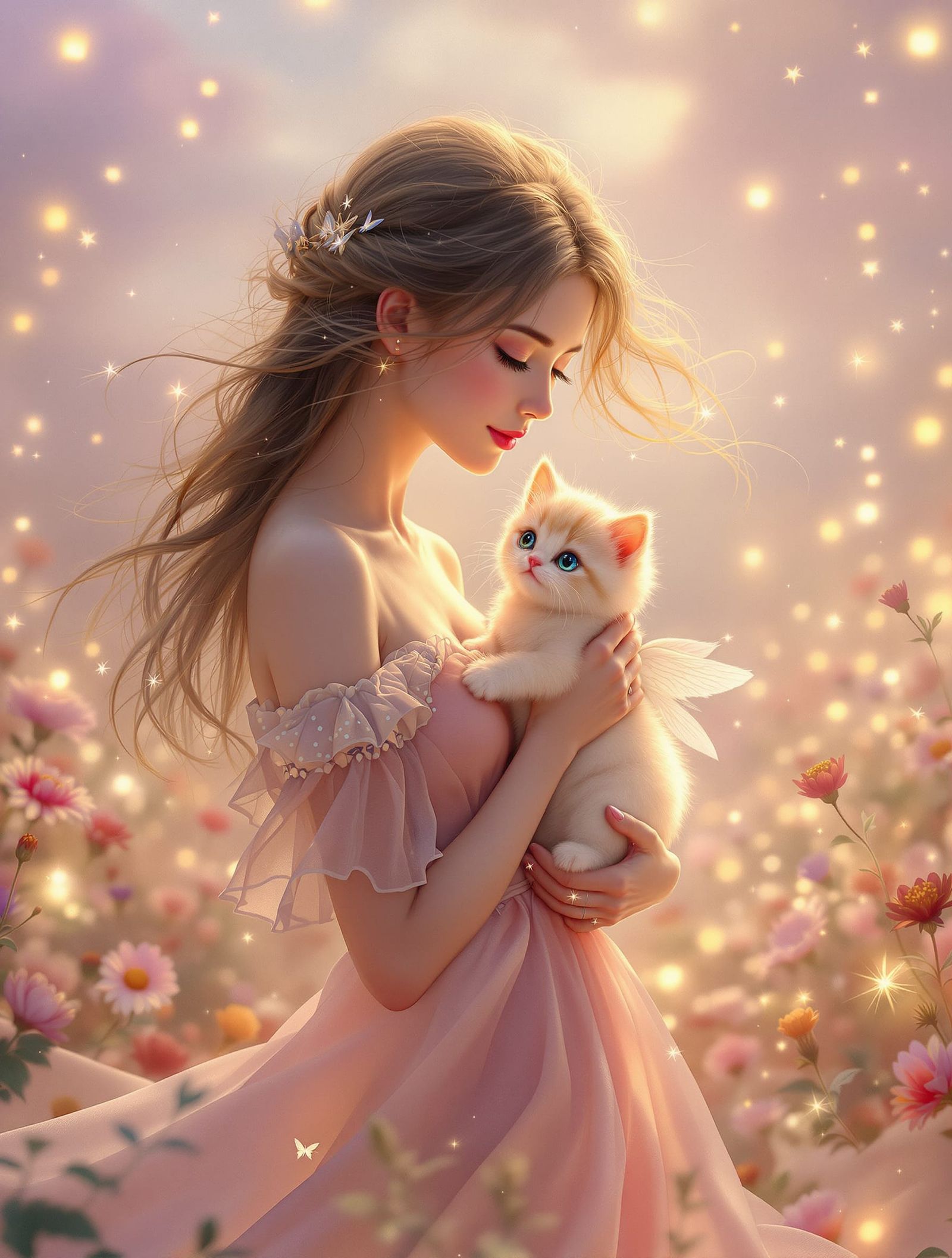 Magical Kitten Held by Woman in Enchanted Meadow
