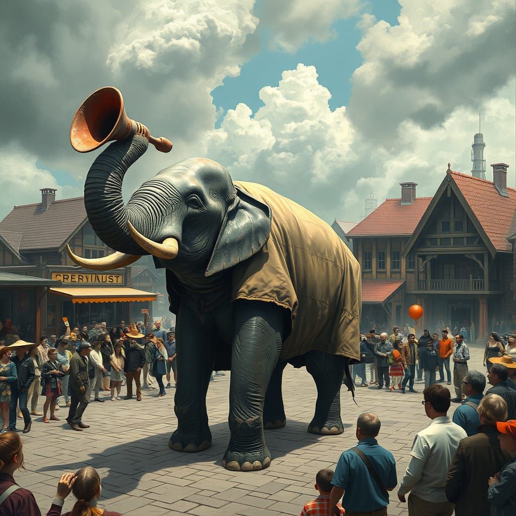 Elephant Trumpet Siren in Dystopian Town Square
