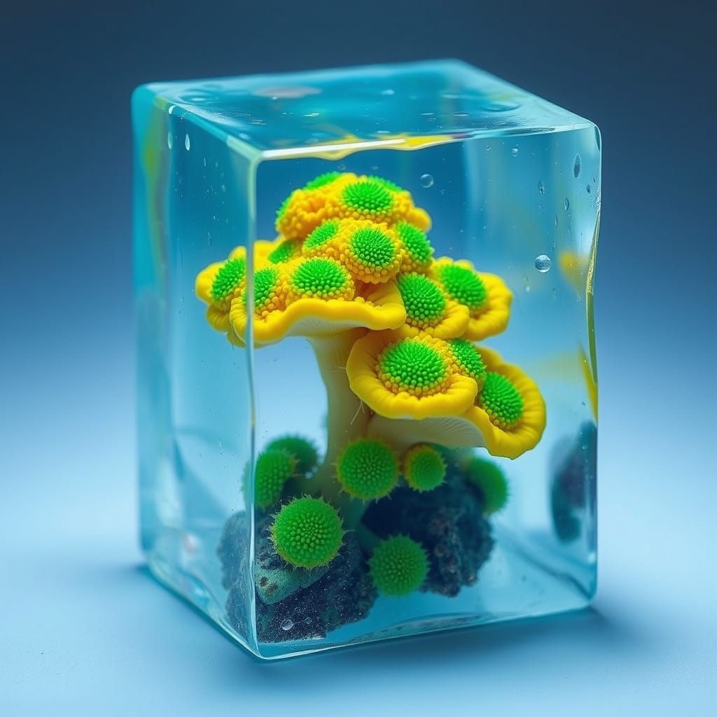Vibrant Yellow Mushroom Glows Within Crystal Ice Block