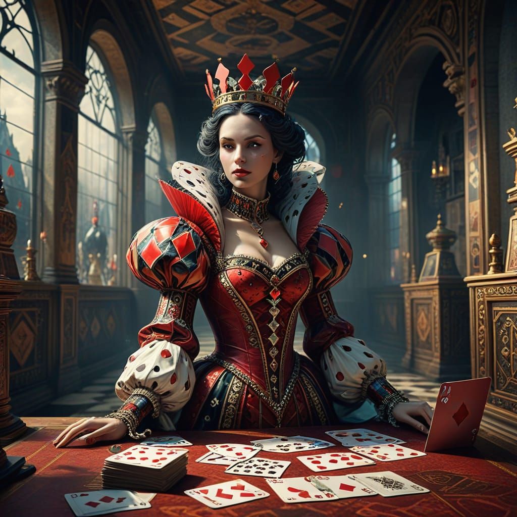 A surreal whimsical court of the Queen of Hearts