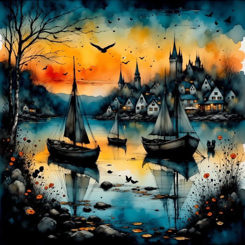 Mysterious Medieval Townscape in Deep, Rich Colors