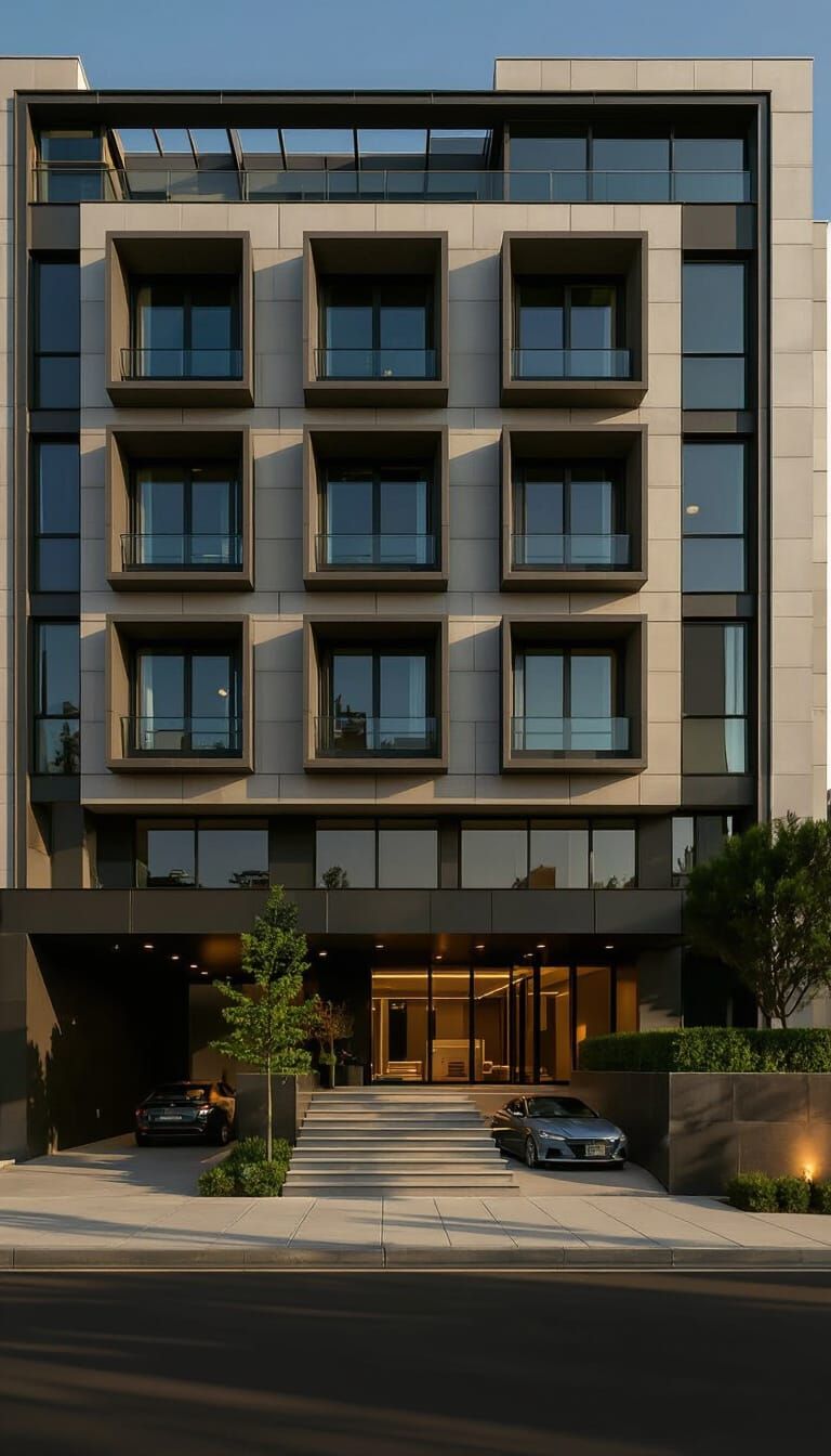 Futuristic Angular Facade with Geometric Volumes