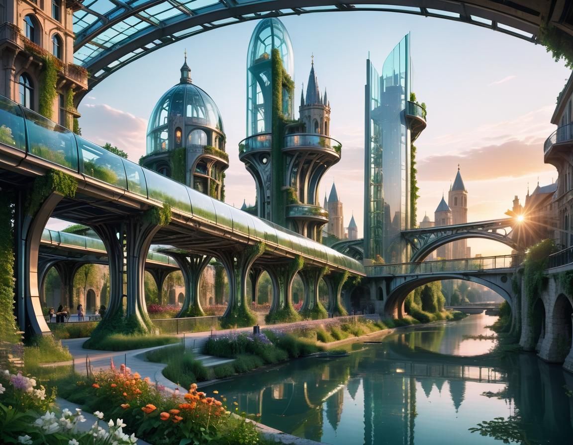 Utopian Futuristic City with Ancient Ruins