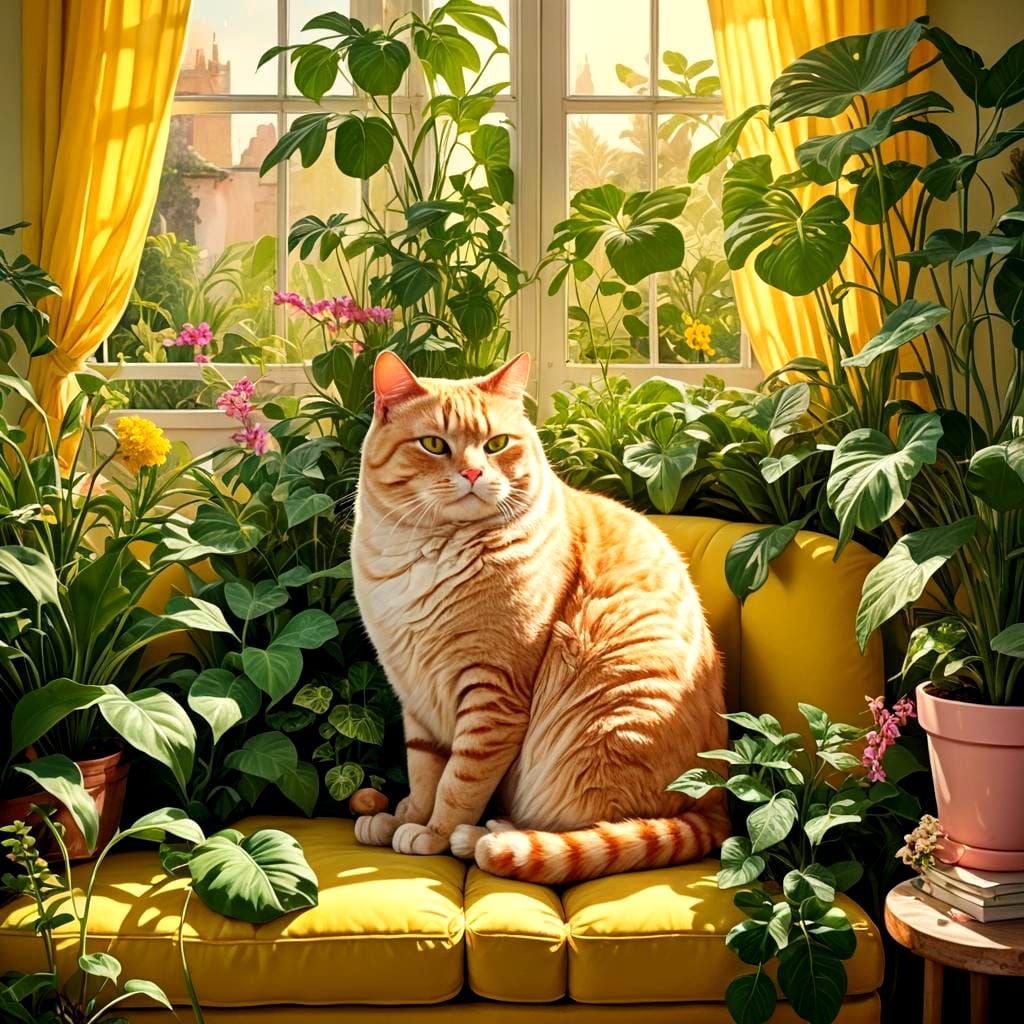 Pink Cat Sleeping on Couch, Detailed Matte Painting