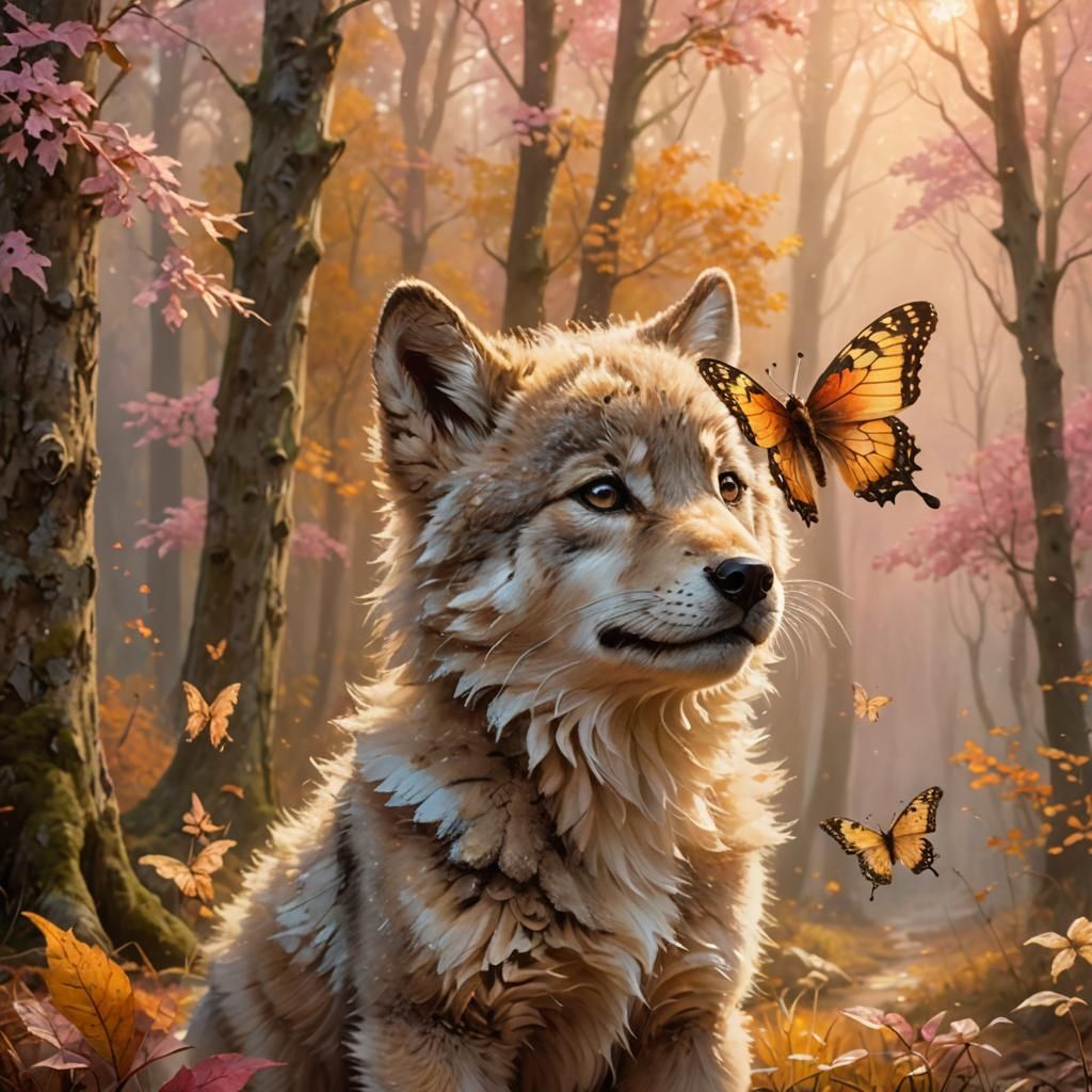 Wolf Cub and Butterfly in Autumnal Woodland