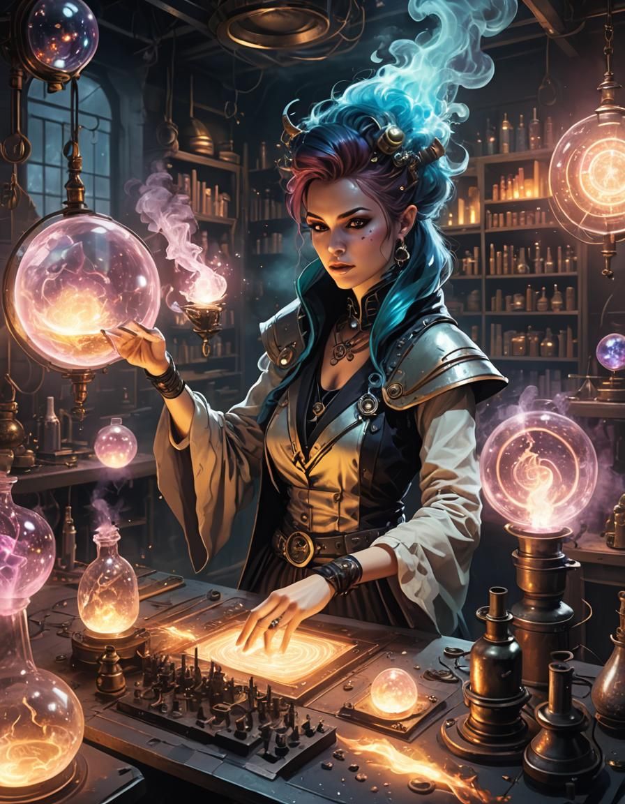 Aetherpunk Sorceress in Glowing Laboratory
