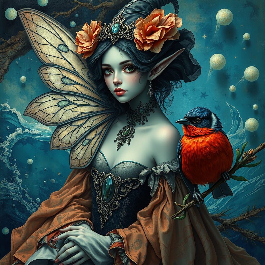 Gothic Fairy Witch with Ocean Elements, Klimt and Van Gogh S...