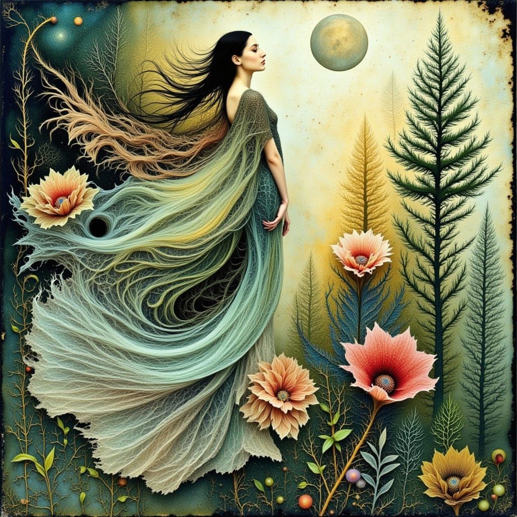 Ethereal Woman Floating in Misty Forest with Sound Waves