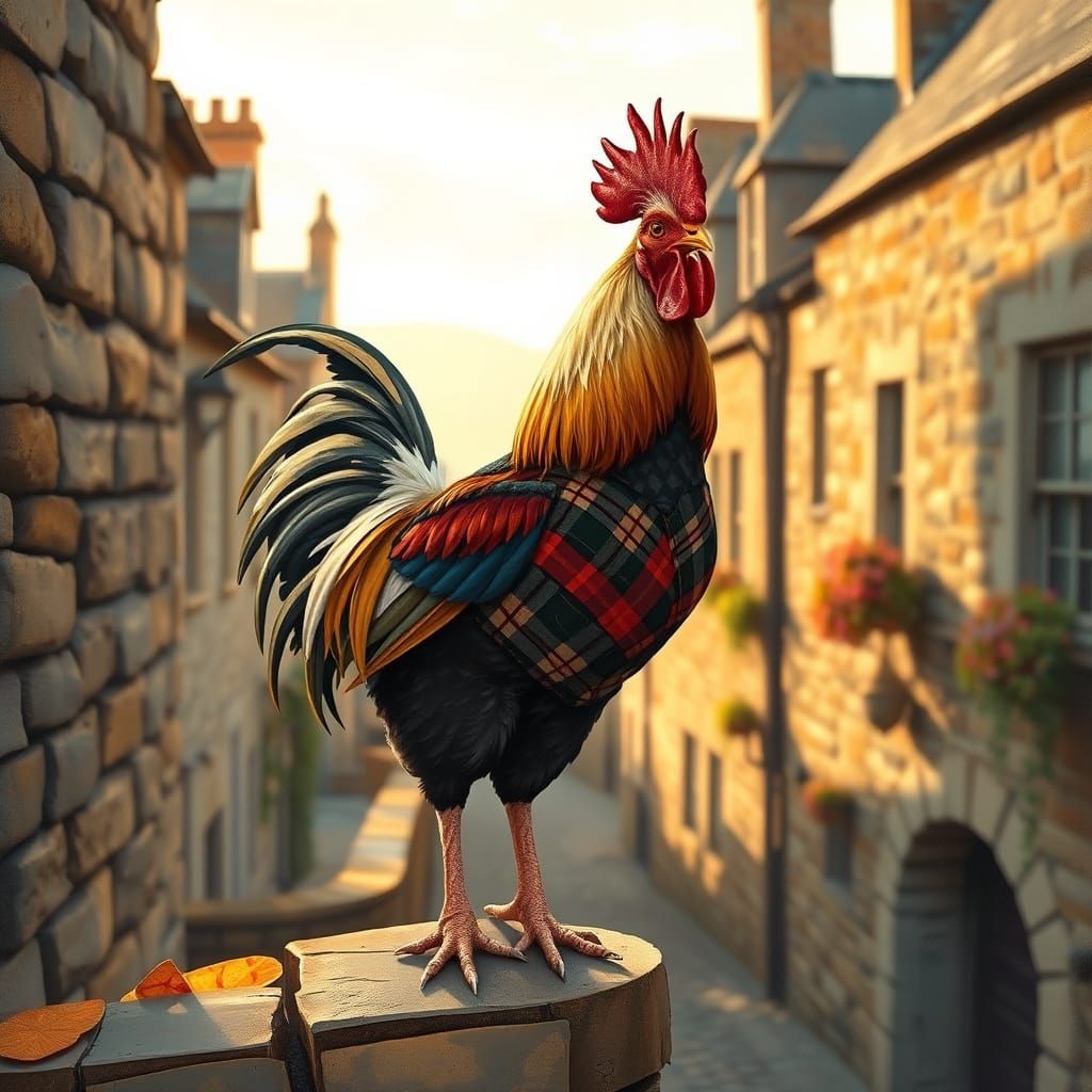 Rooster in Tartan Vest in Quaint Scottish Village
