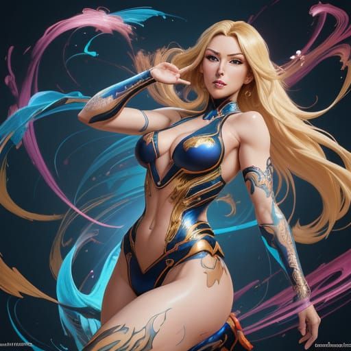 Blonde Pin-Up Woman in Vibrant Aura, Hyperrealistic Style