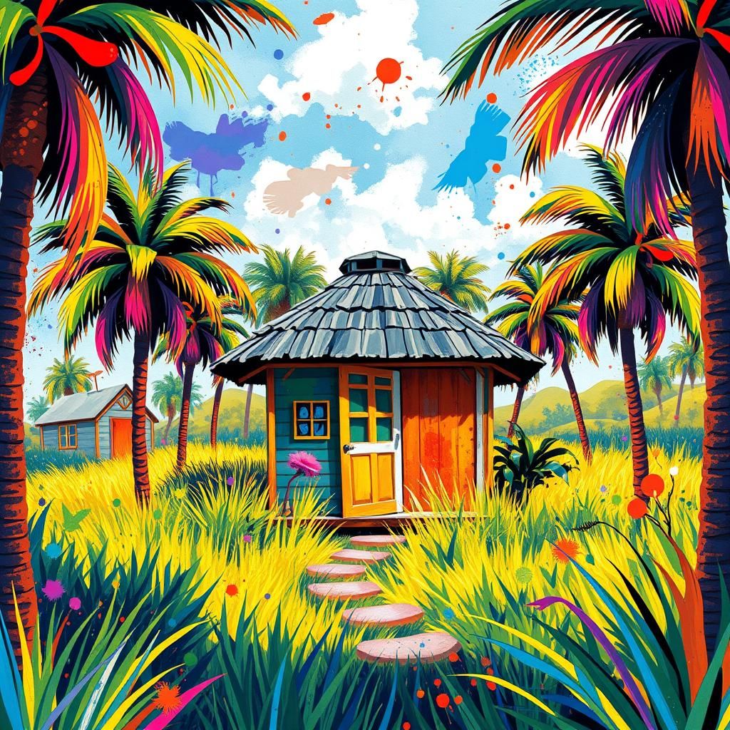 Colorful Meadow Hut in Pop Art Style with Palm Trees
