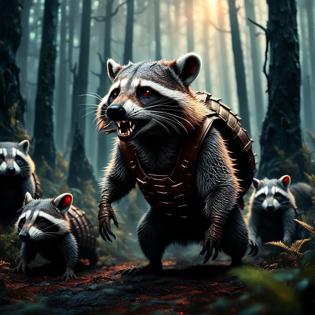 Evil Raccoon Leads Armadillo Army in Dark Fantasy Art