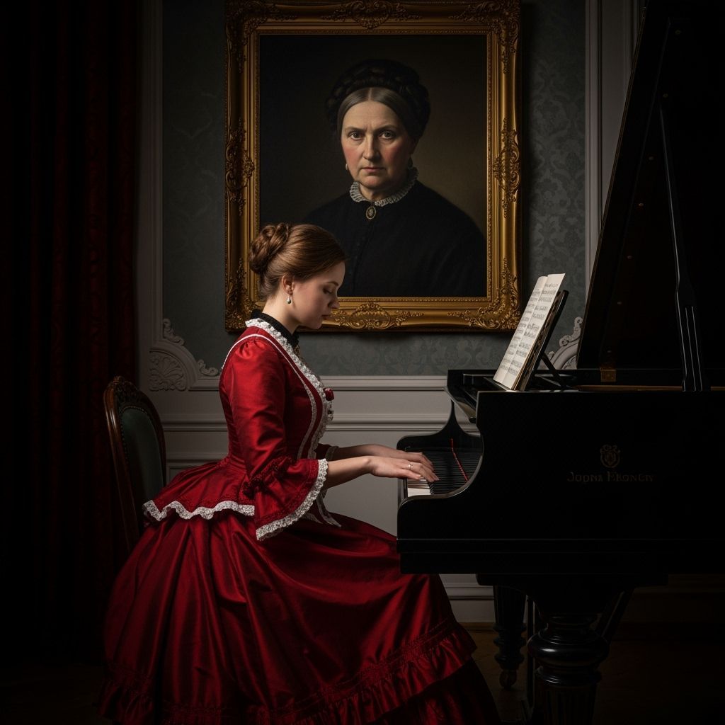 1880s Woman at Piano Under Stern Portrait