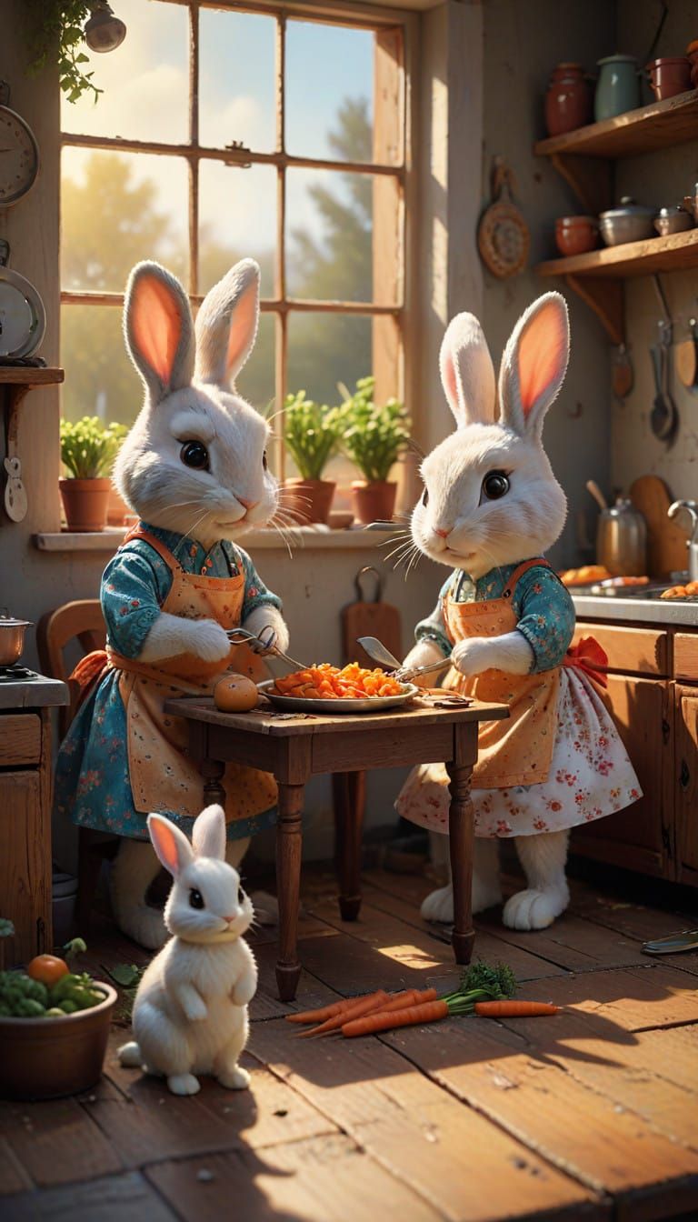 Vibrant 50s Bunny Mum Prepares Breakfast for Her Adorable Ba...