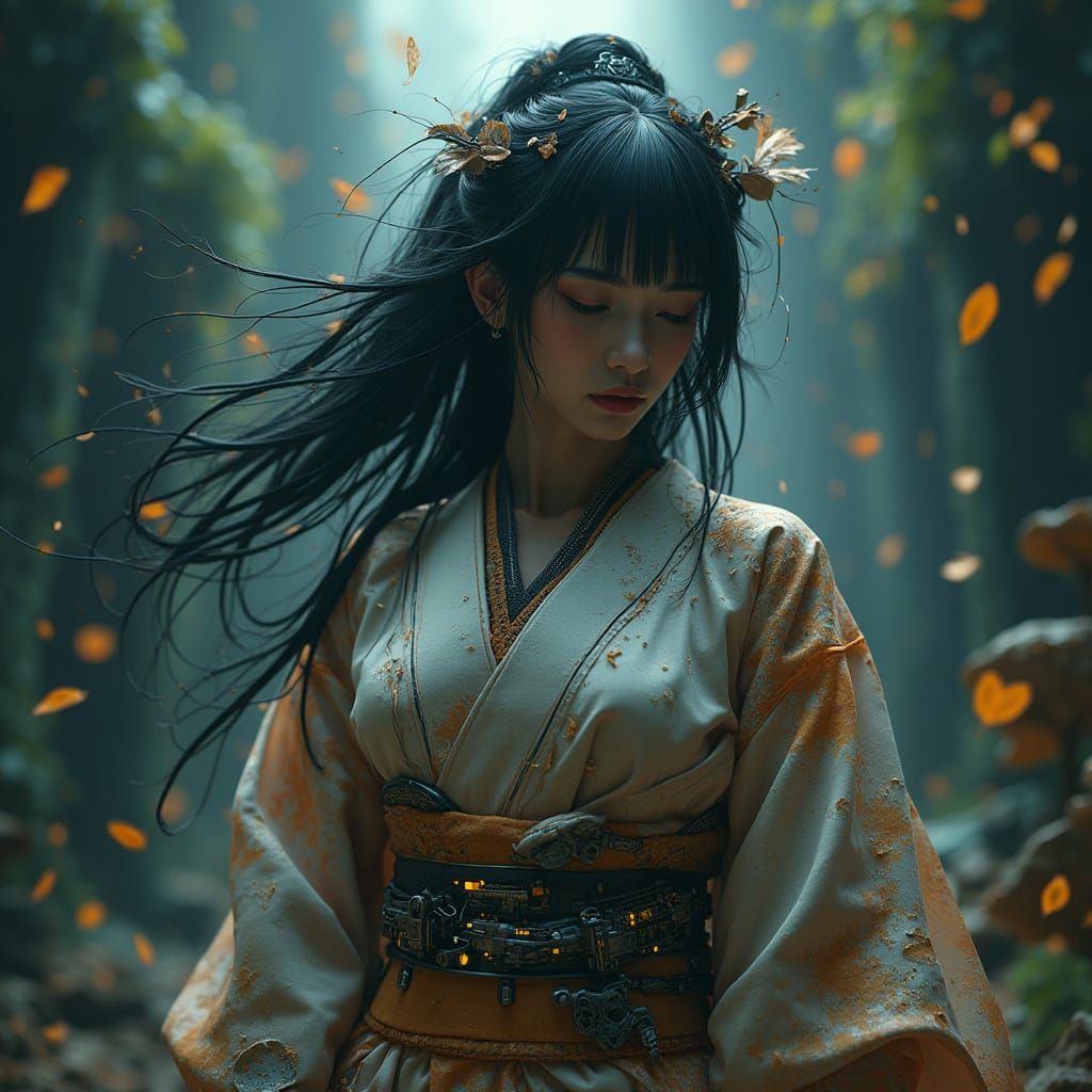 Cyberpunk Goddess Amidst Whirlwind of Leaves and Ruins