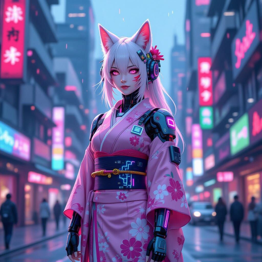 Cyborg Kitsune in Cyberpunk Barbiecore City