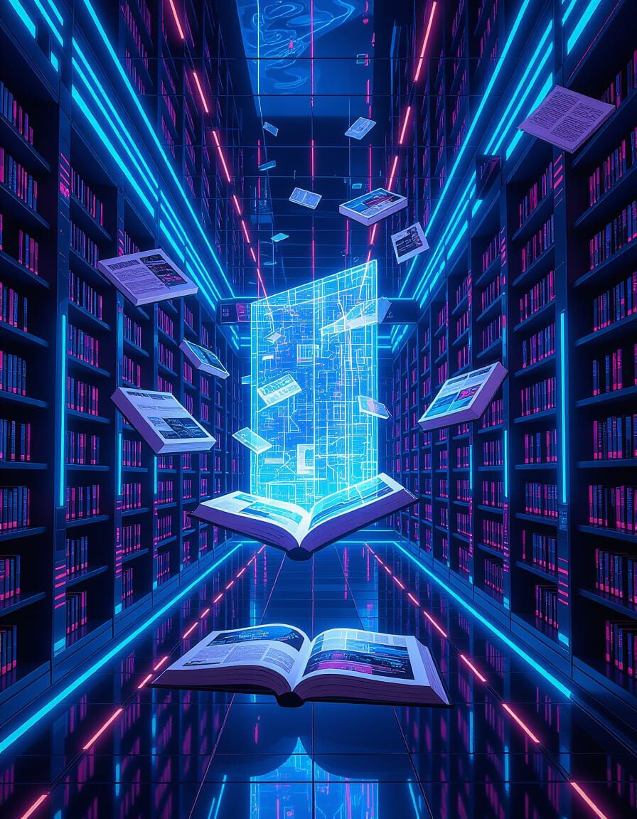 Futuristic Library with Holographic Books in Sci-Fi Style