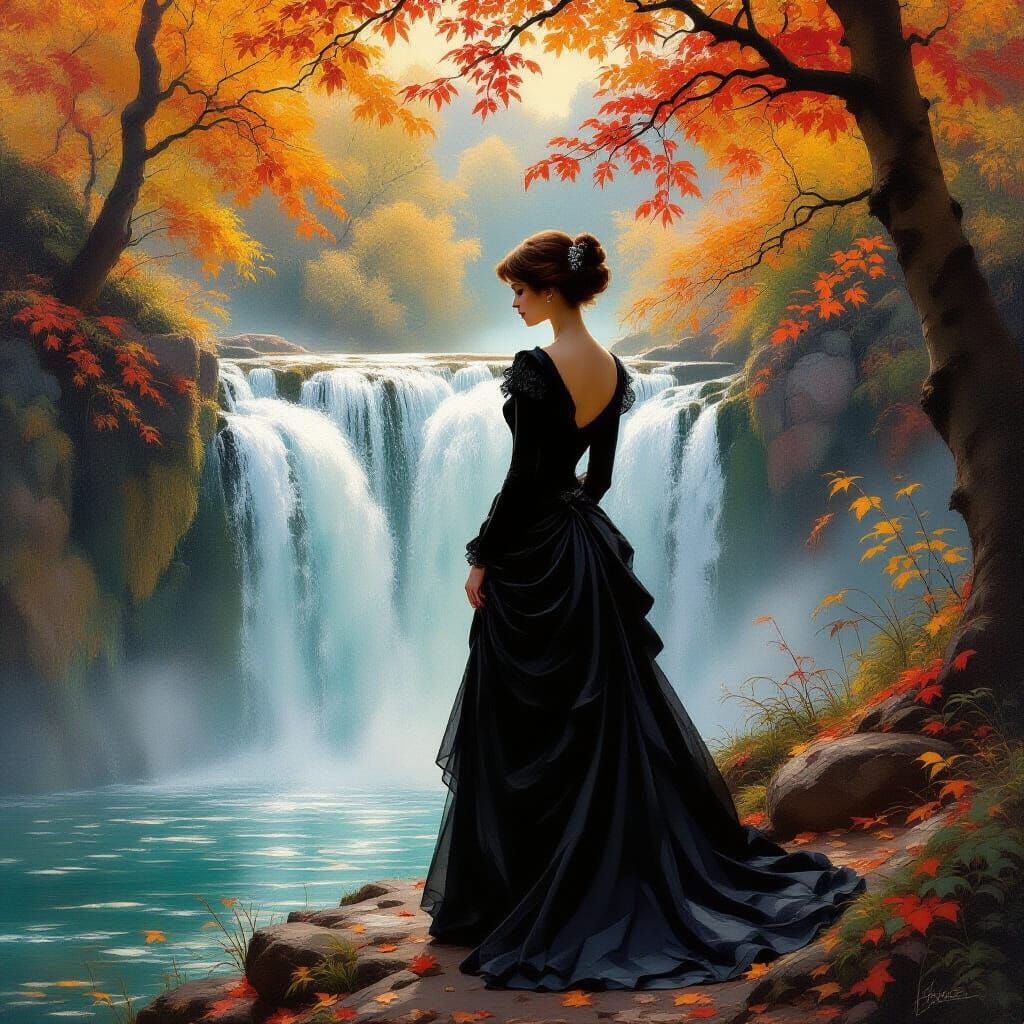 Elegant Woman by Autumn Waterfall in Oil Painting Style