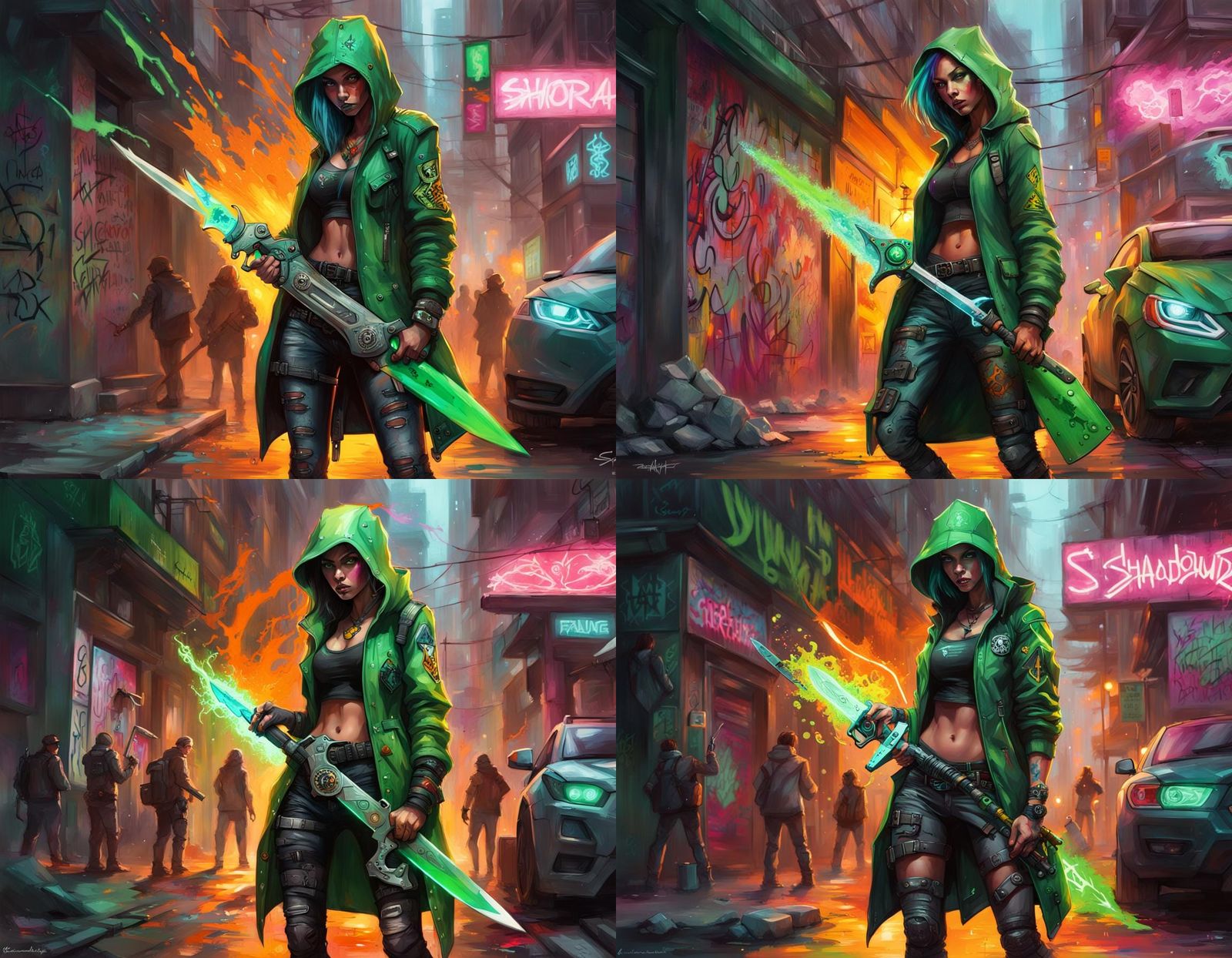 Cyberpunk Firecaster with Sword in Graffiti Art Style
