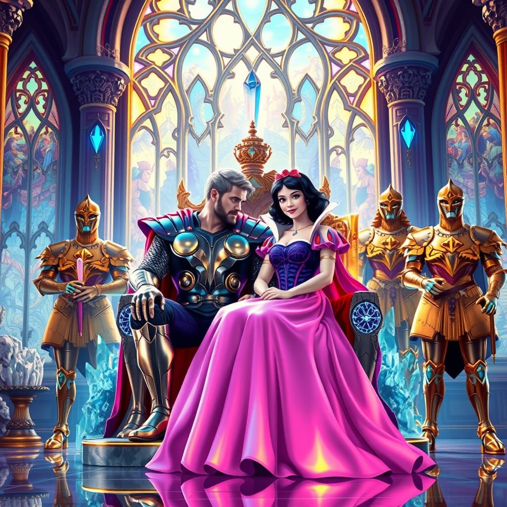 Thor and Snow White Reign in a Crystal Palace of Neon Wonder