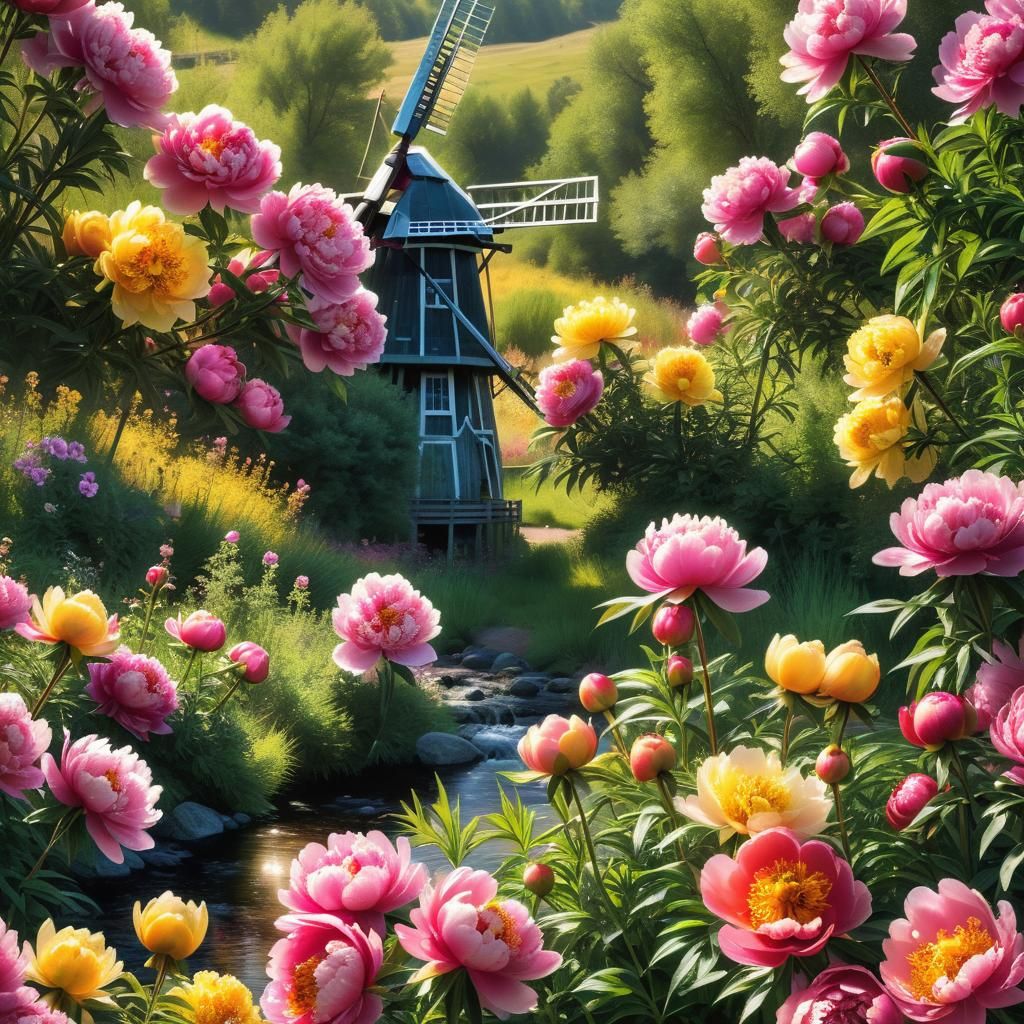 Field full of epically brightly colored peonies in salmon & ...