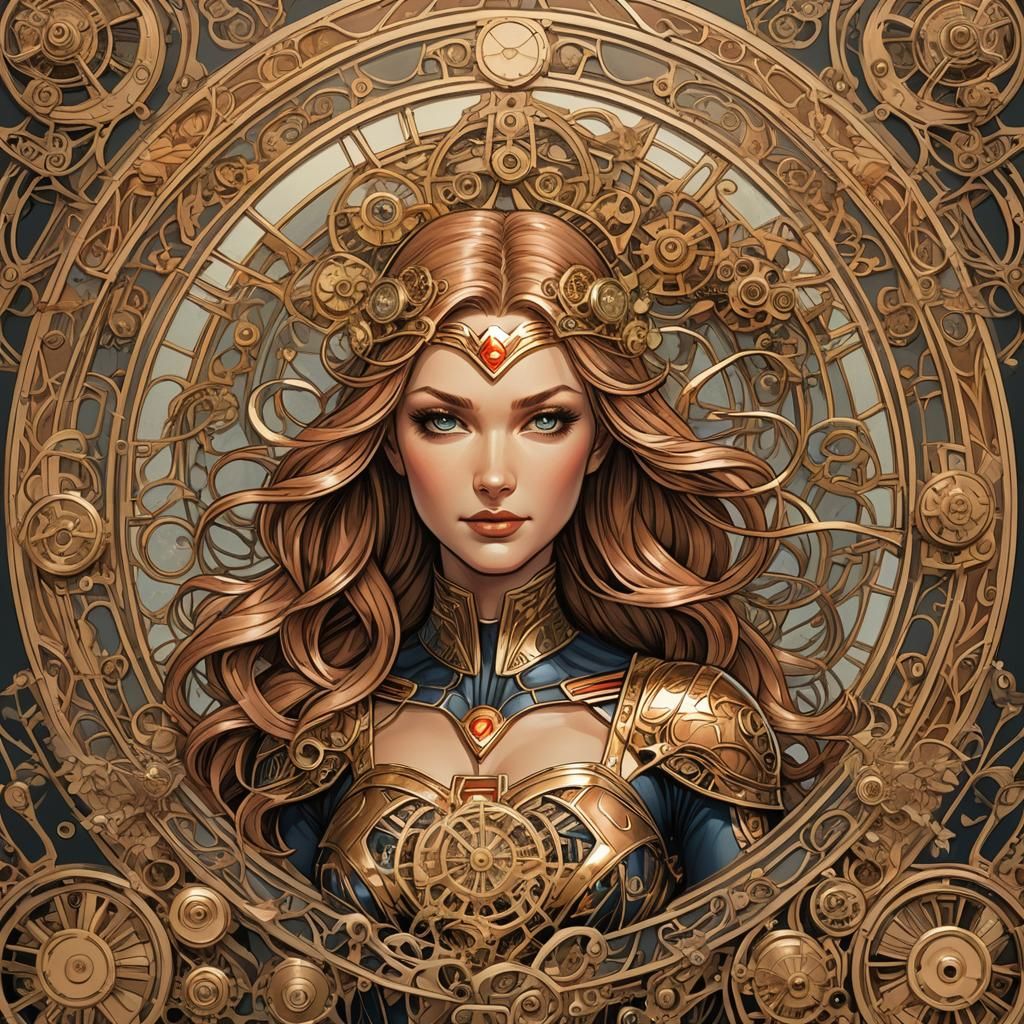 Supergirl and Steampunk Engine in Art Nouveau Style