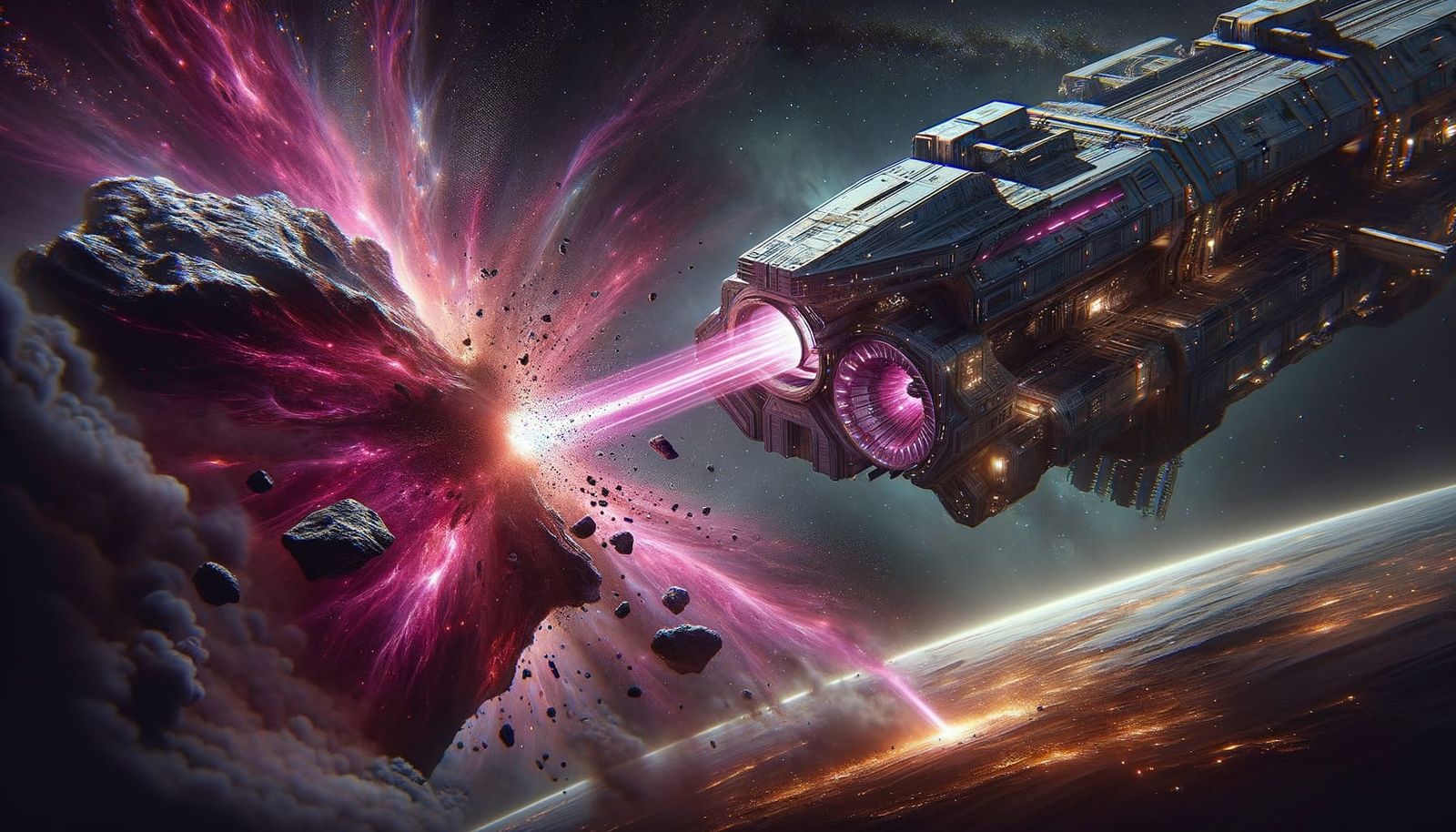 Mining Spaceship Disintegrates Asteroid with Plasma Beam