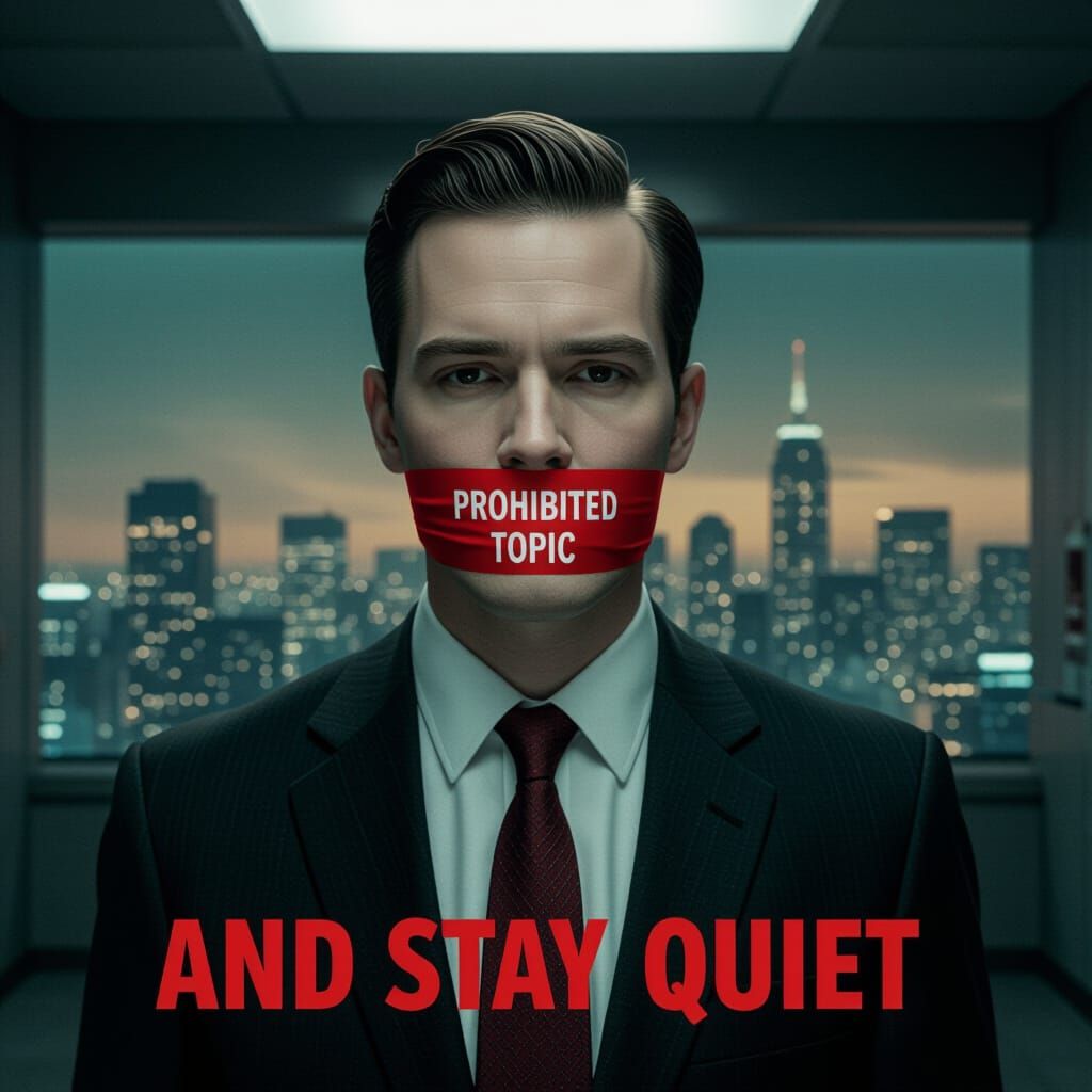 Dystopian Image of Silenced Man in Cityscape