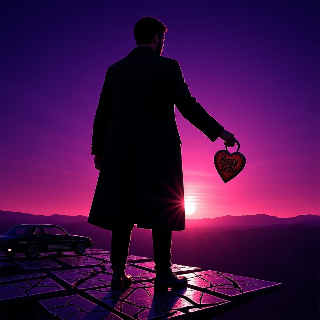 Melancholy Figure Grips Compass on Shattered Sunset Cliff