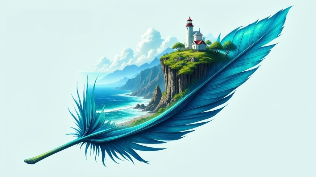 Fantasy Lighthouse Landscape Inside Blue Bird Feather