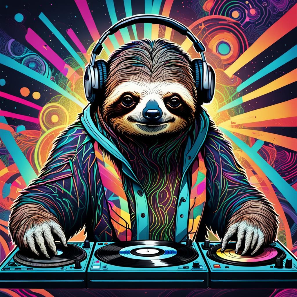 Sloth DJ in a Neon Rave Scene