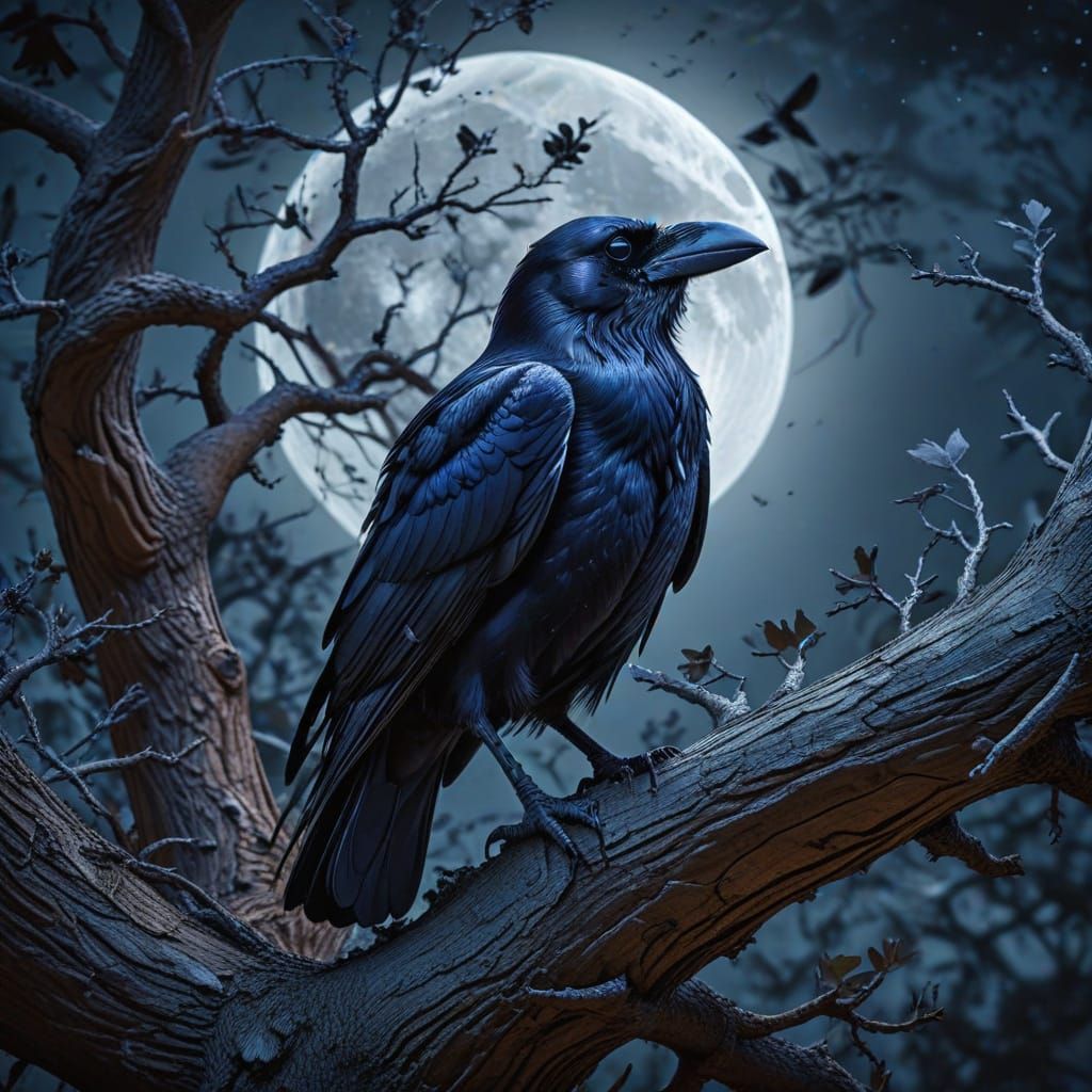 Majestic Raven Illuminated by Full Moonlight
