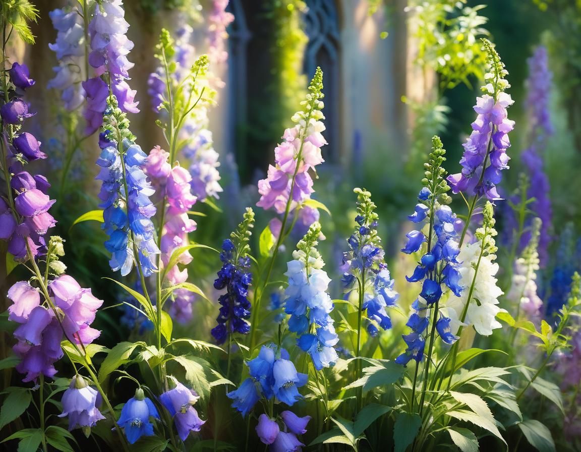 Ethereal Monastery Garden with Delphinium and Monkshood