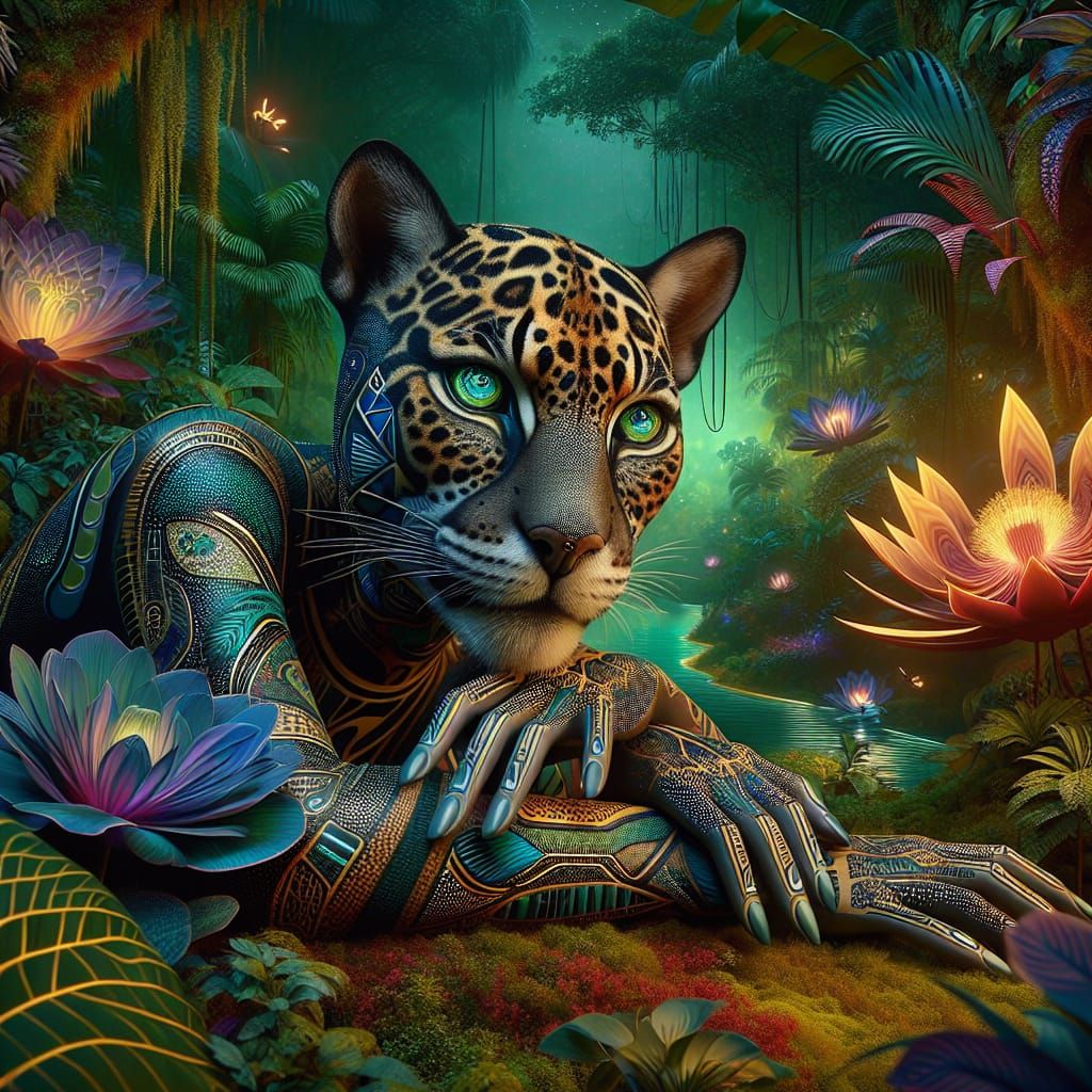 Panther Woman in Futuristic Jungle, Surreal Portrait