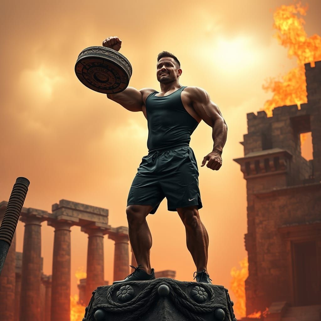 Triumphant Bodybuilder on Flaming Tower, Hyperrealistic Styl...