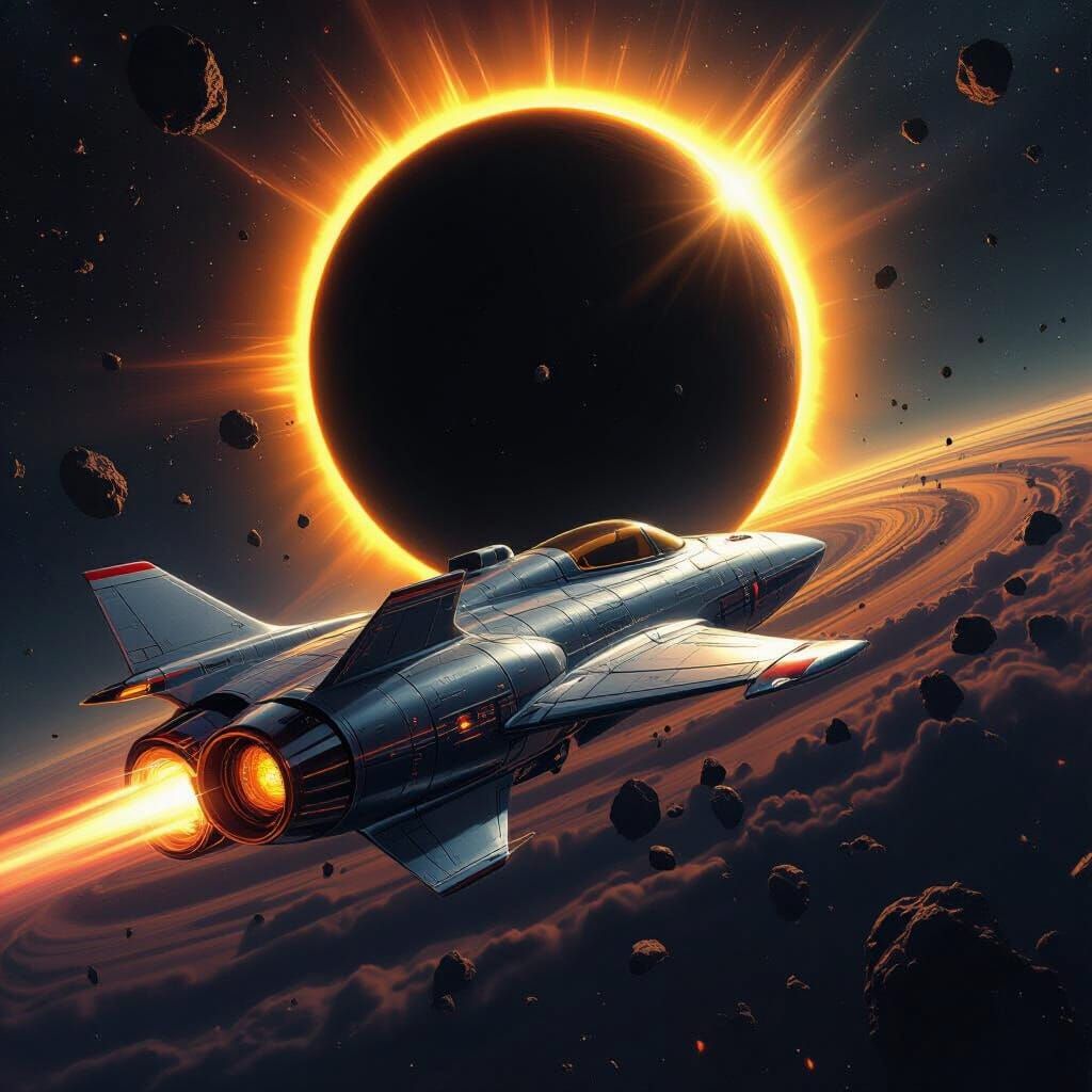 Retro Spaceship Near Black Hole with Yellow Sun