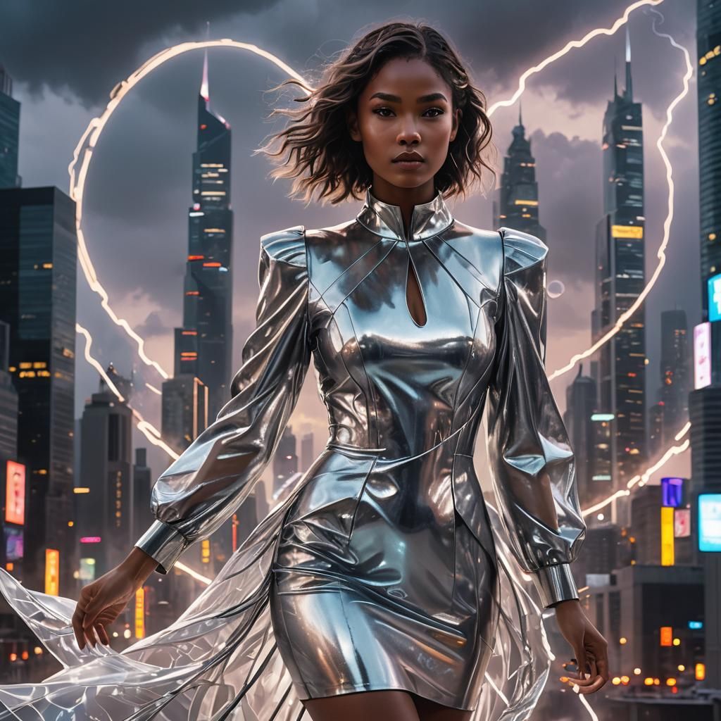 Girl in Silver Dress: Futuristic Cityscape Digital Art