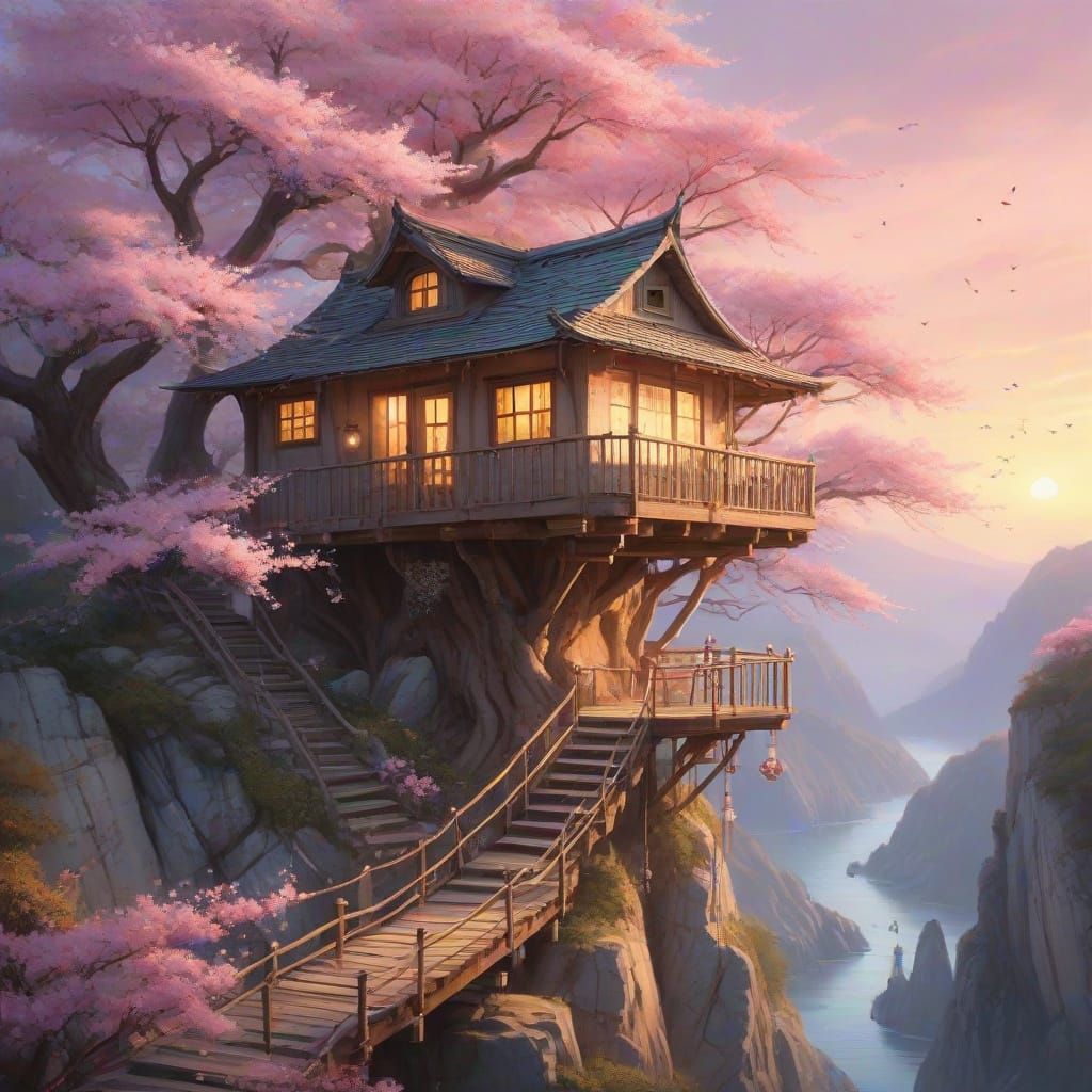 Whimsical Cliffside Treehouse in Soft Focus Watercolor Style