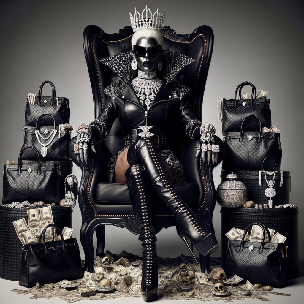 Leather-Clad Figure Enthroned, Surrounded by Riches