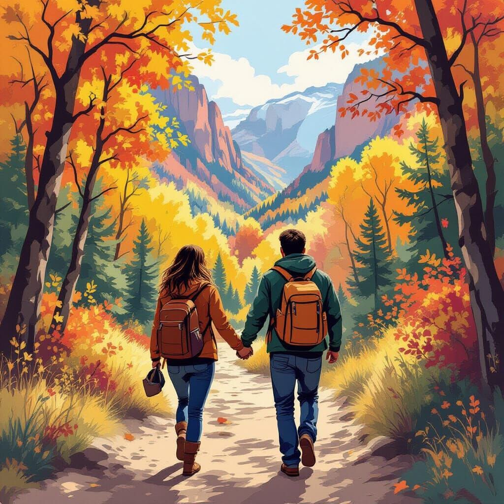 Mexican-American Couple Hiking in Autumn Canyon: Acrylic Art