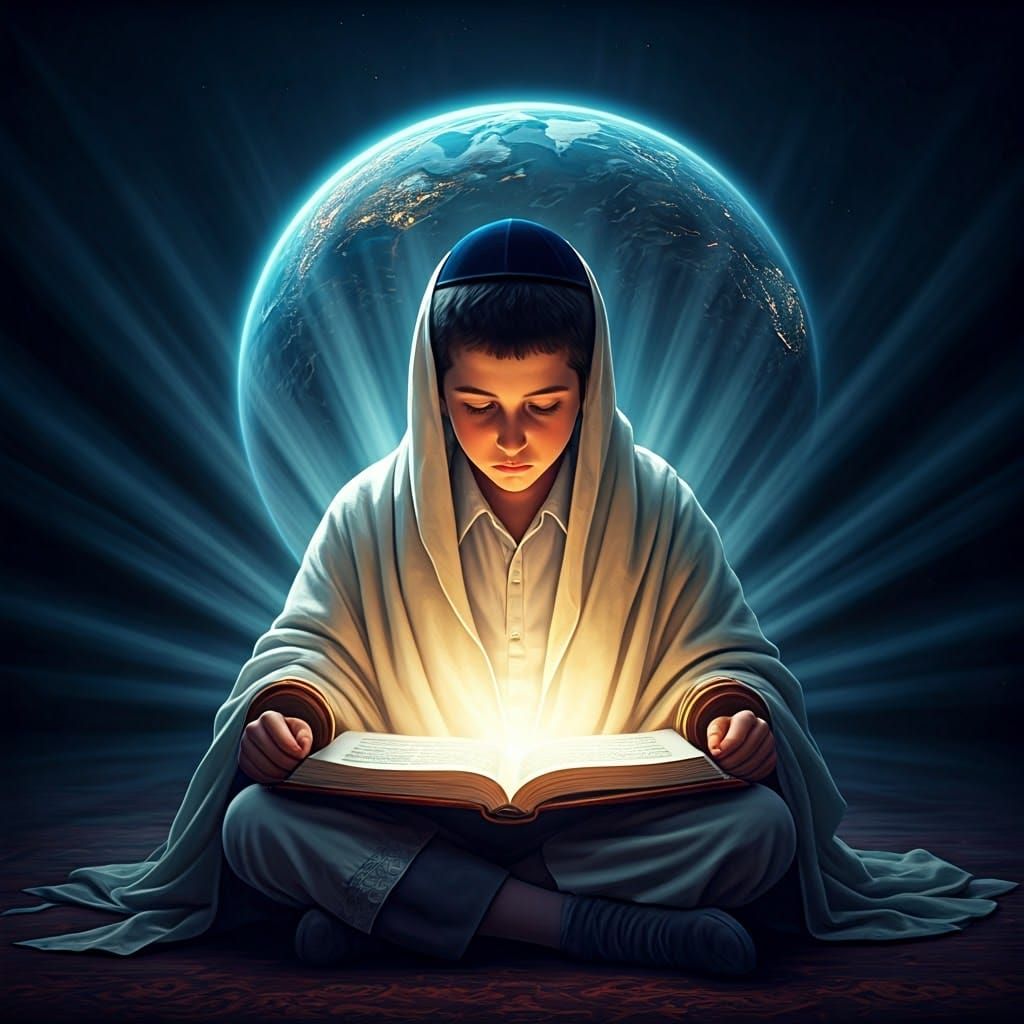 Young Scholar Studying Torah in Ethereal Light