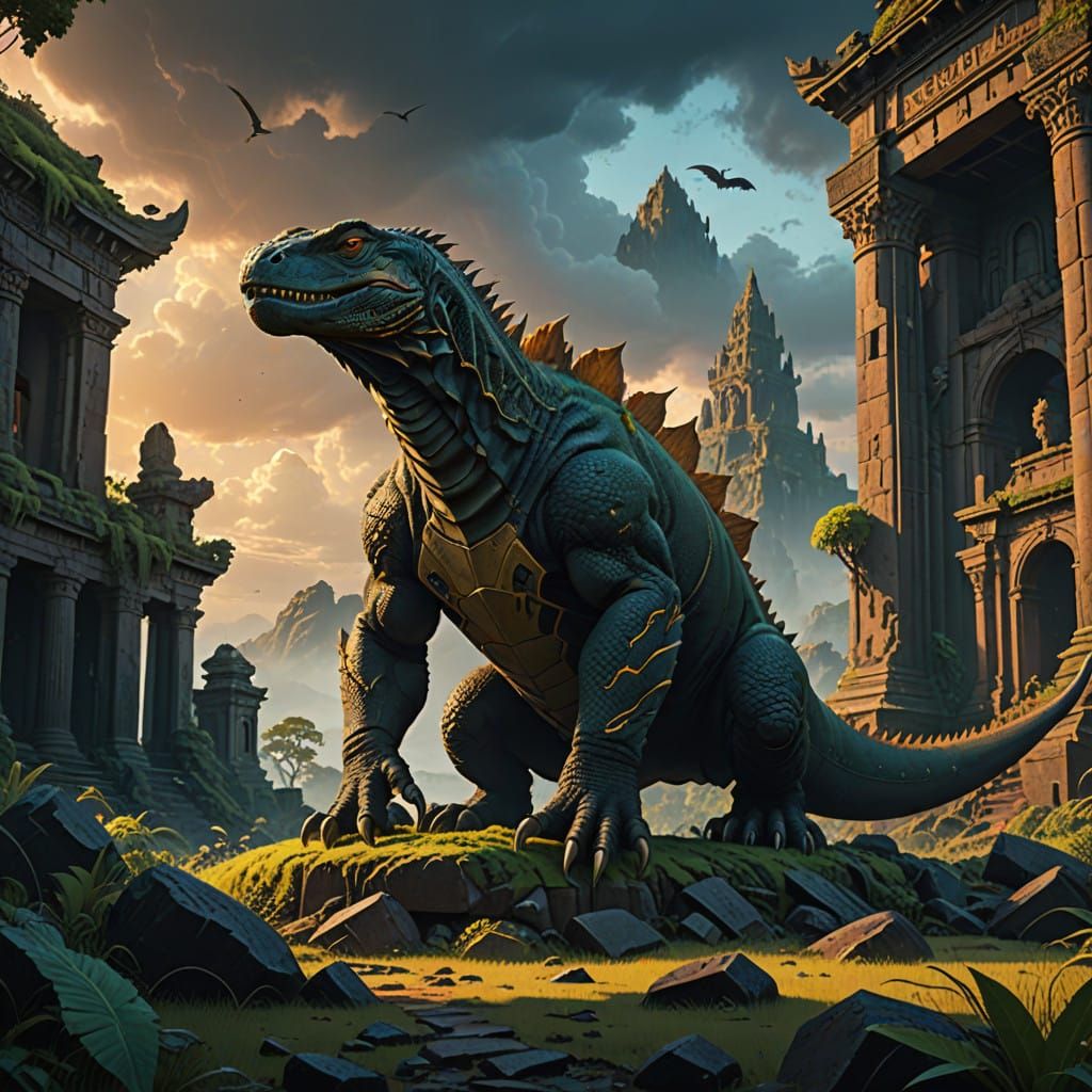 Majestic Komodo Dragon Temple Guardian in Epic Fantasy Style