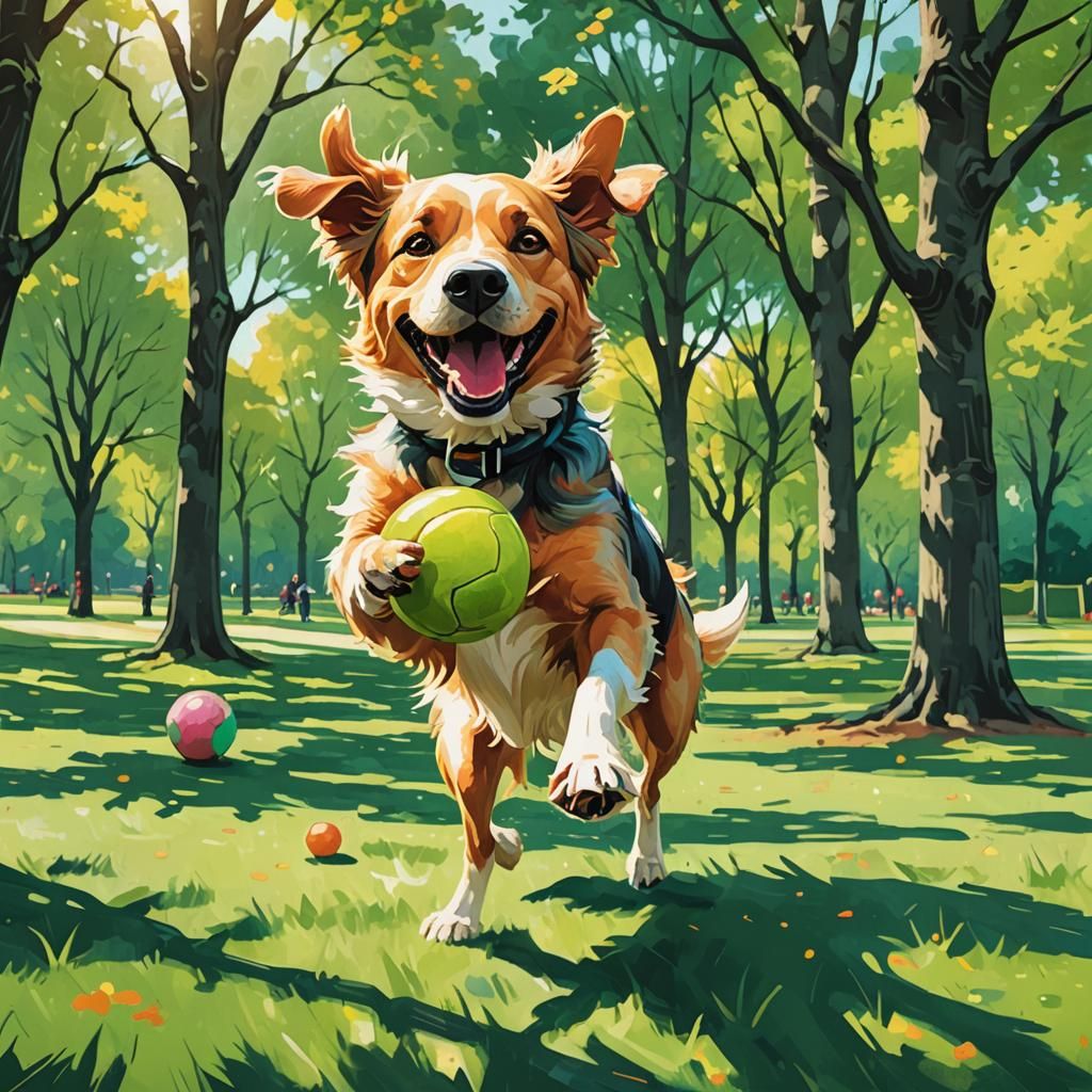 Happy Dog Playing Ball in Park Illustration