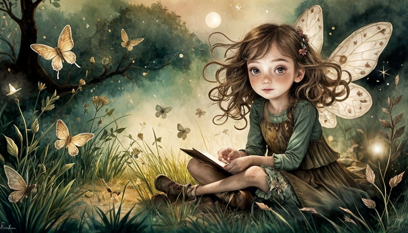 Magical Garden Scene with Fairy and Girl