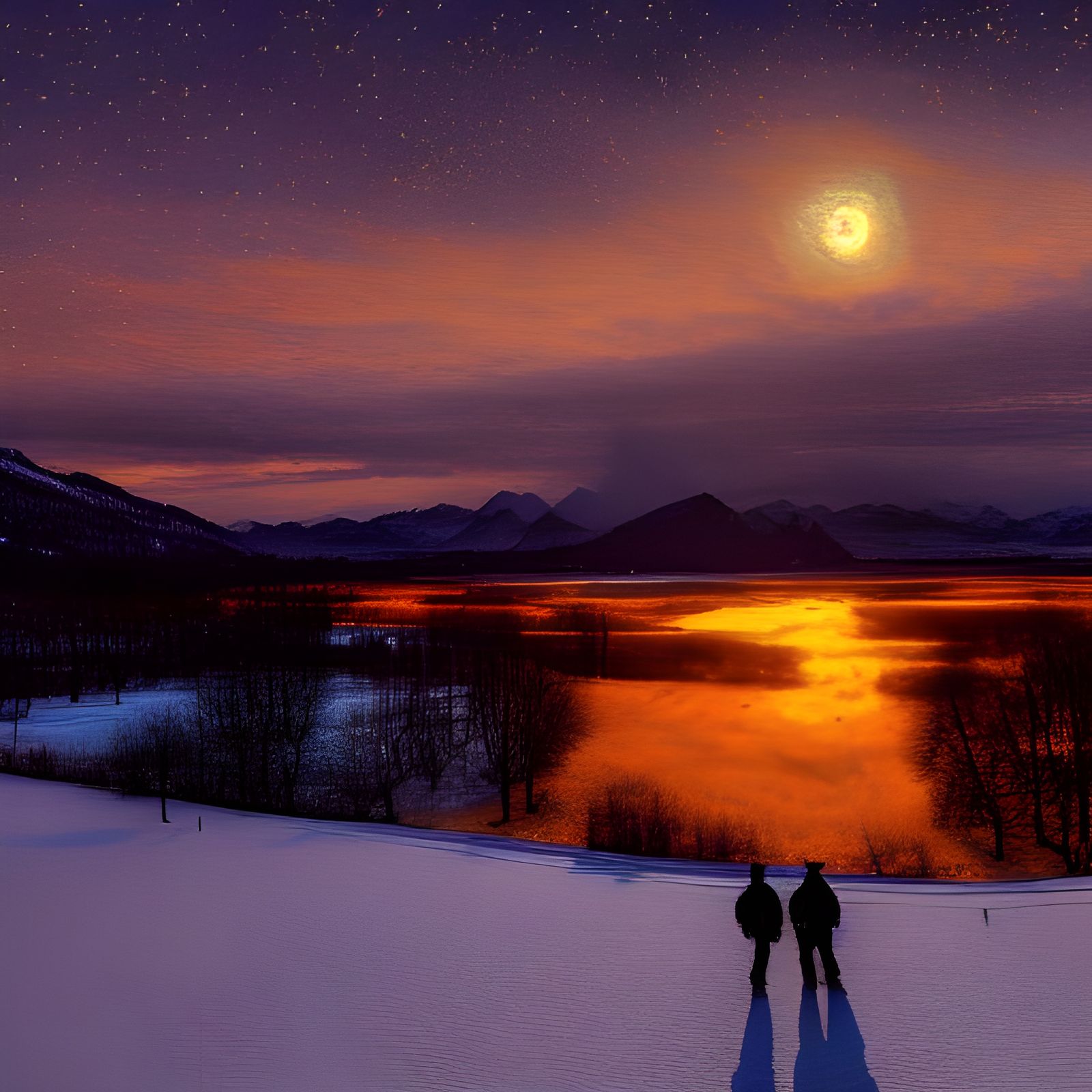 Van Gogh Inspired Figure in Snowy Sunset