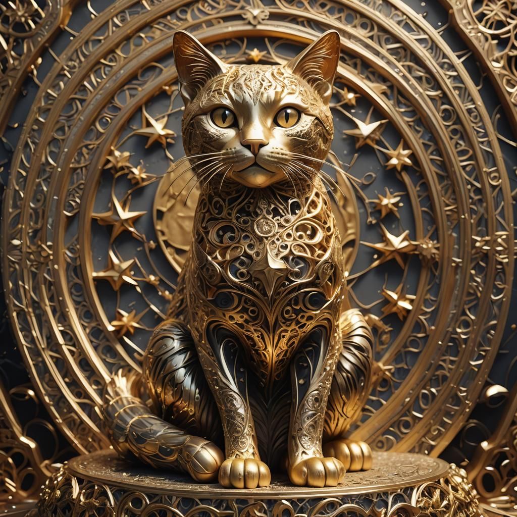 Golden Cat Sculpture with Intricate Star Patterns