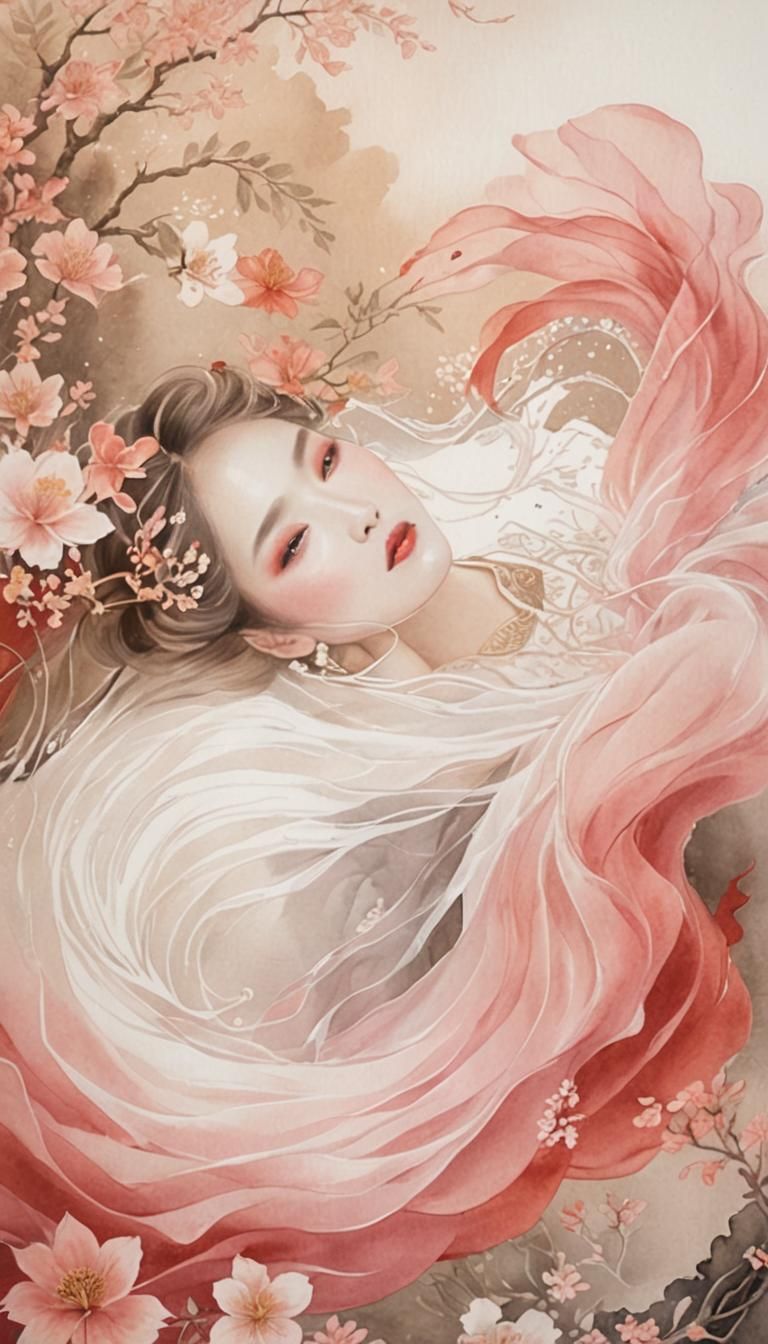 Elegant Woman in Áo Dài: Watercolor and Ink Aesthetic